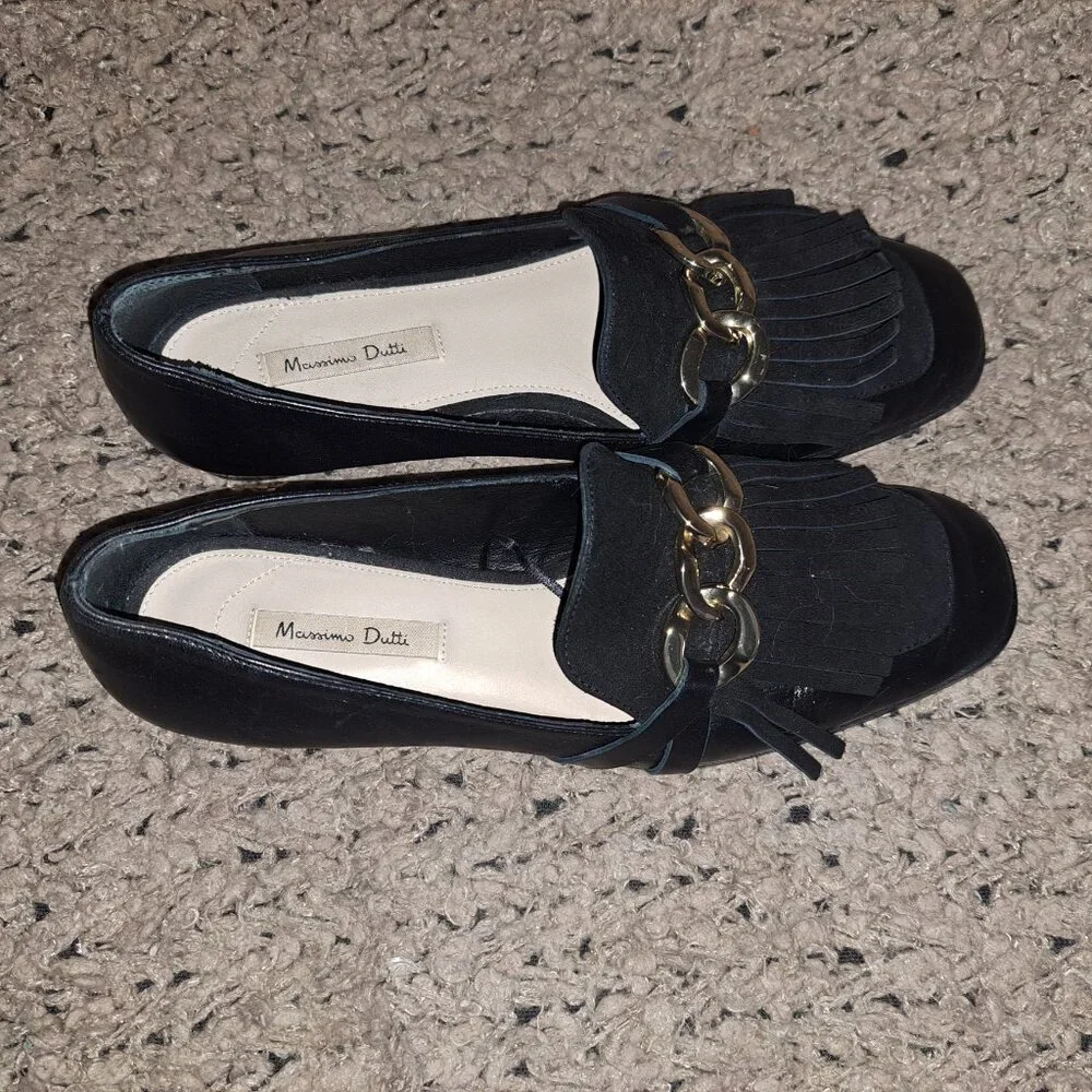 MASSIMO DUTTI-Black Nappa Leather Chain Suede Kiltie Loafers-Sz 37-Excellent - Picture 7 of 8